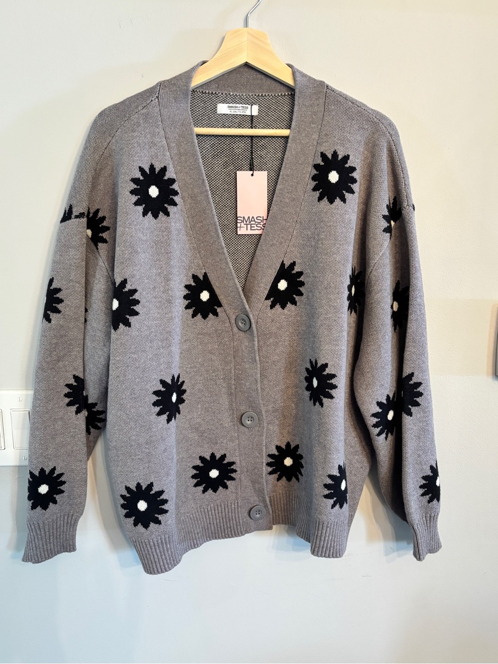 NWT Smash + Tess Gray Floral-Print V-Neck Cardigan Sweater XL/XXL